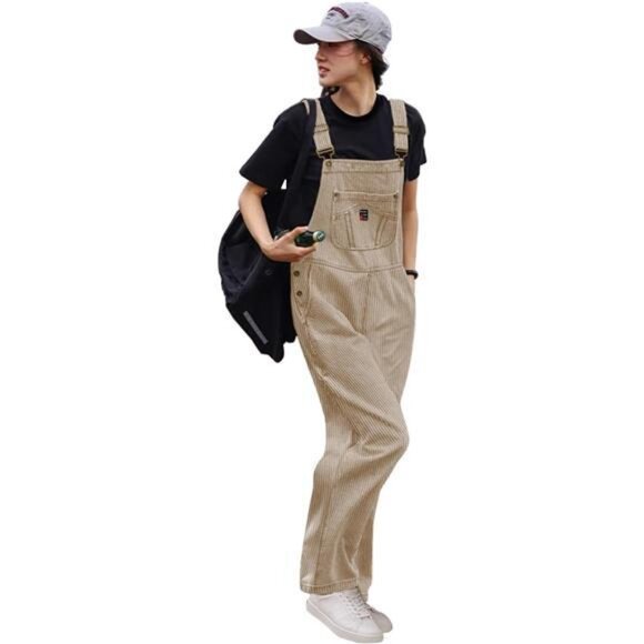 Women Corduroy Overalls Adjustable Straps Jumpsuits Khaki - Picture 1 of 6